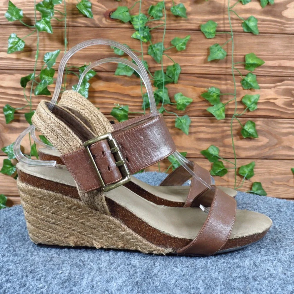 Me Too Knock Women Wedge Sandal Size 8M‎ Casual Summer Espadrille Brown Leather